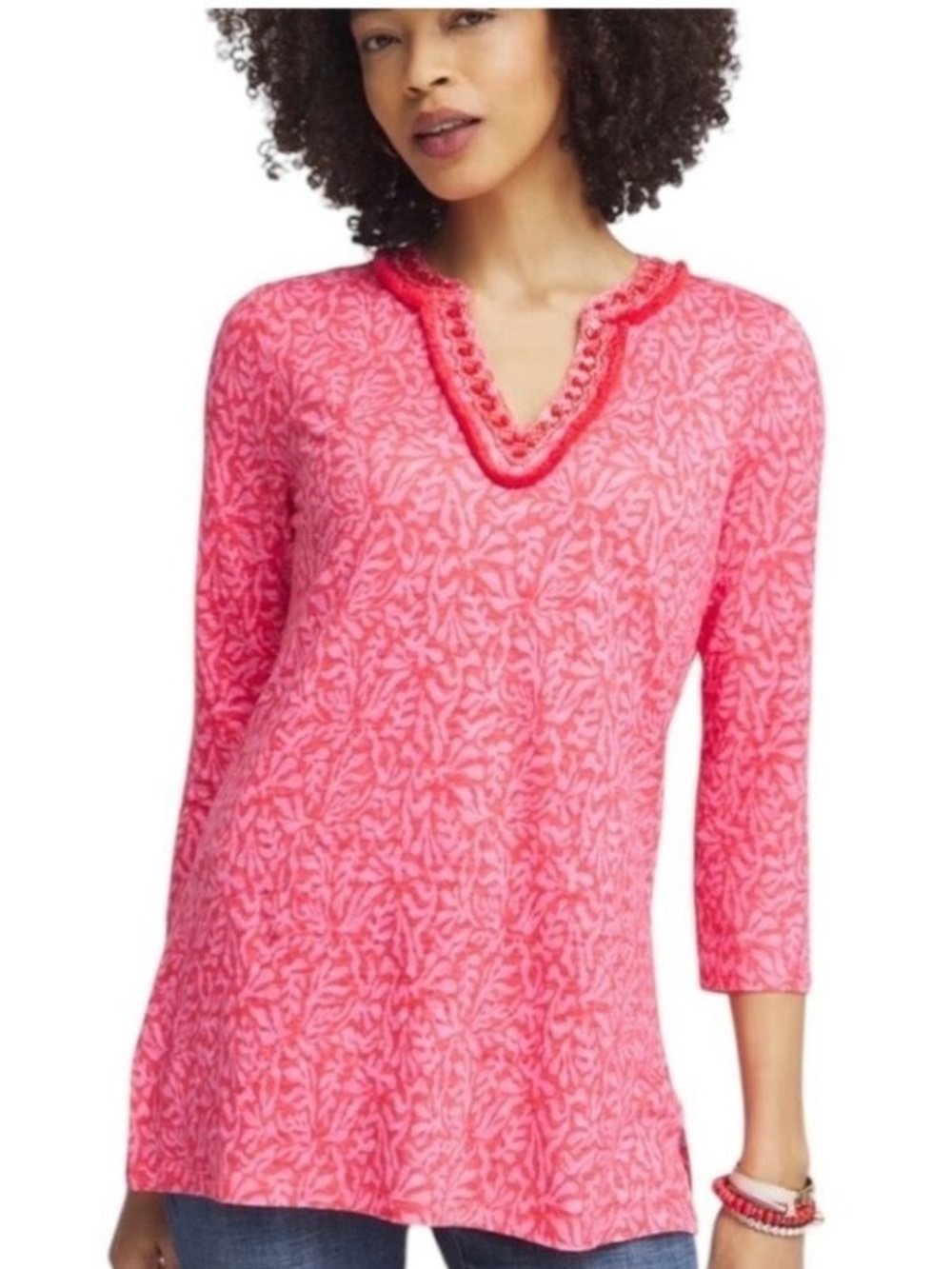 Chico’s Reef Embellished V Neck Tunic in Watermelon Punch Size 3 XL